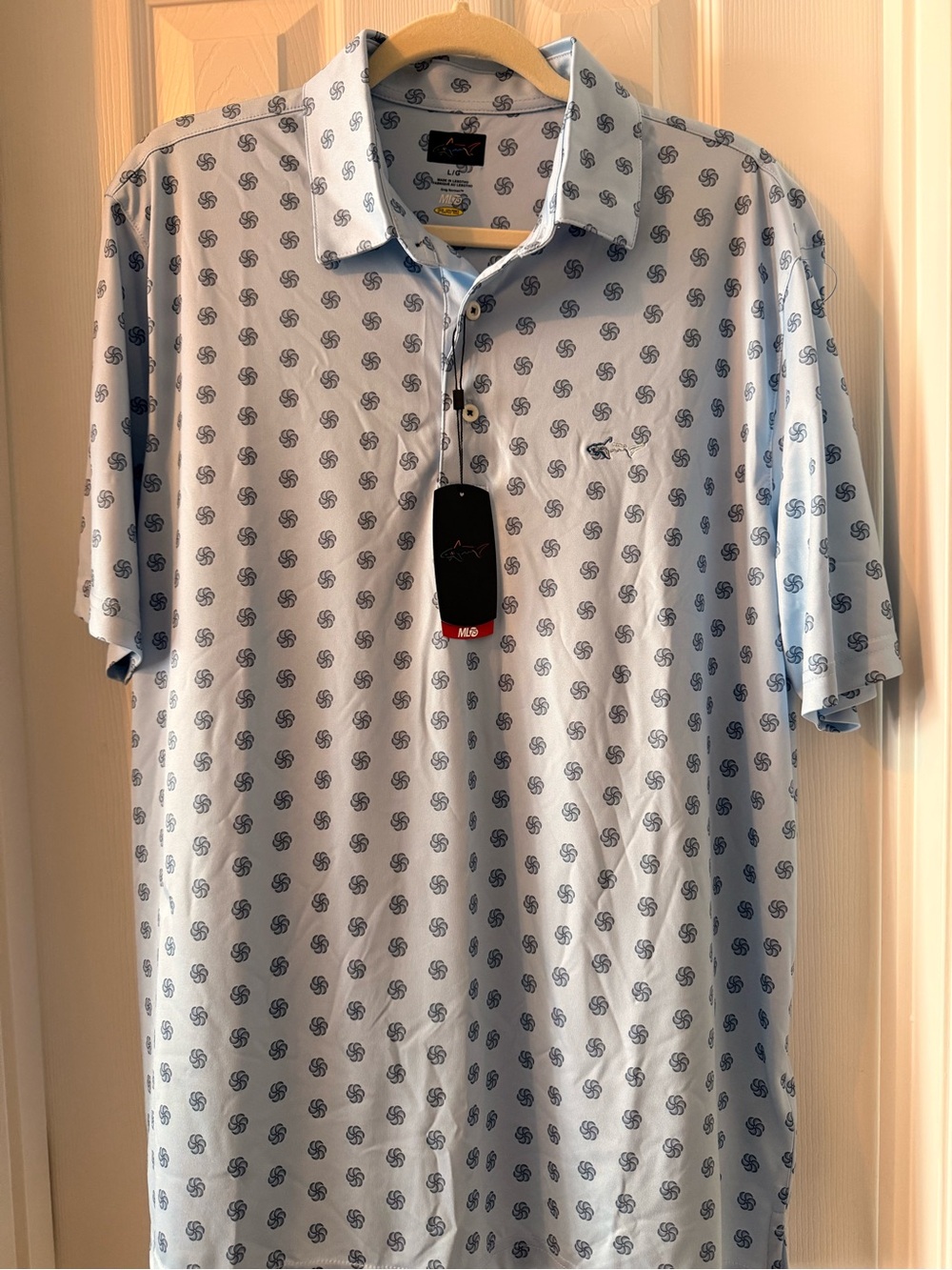 Greg Norman Collection Light Blue Polo with Navy Print